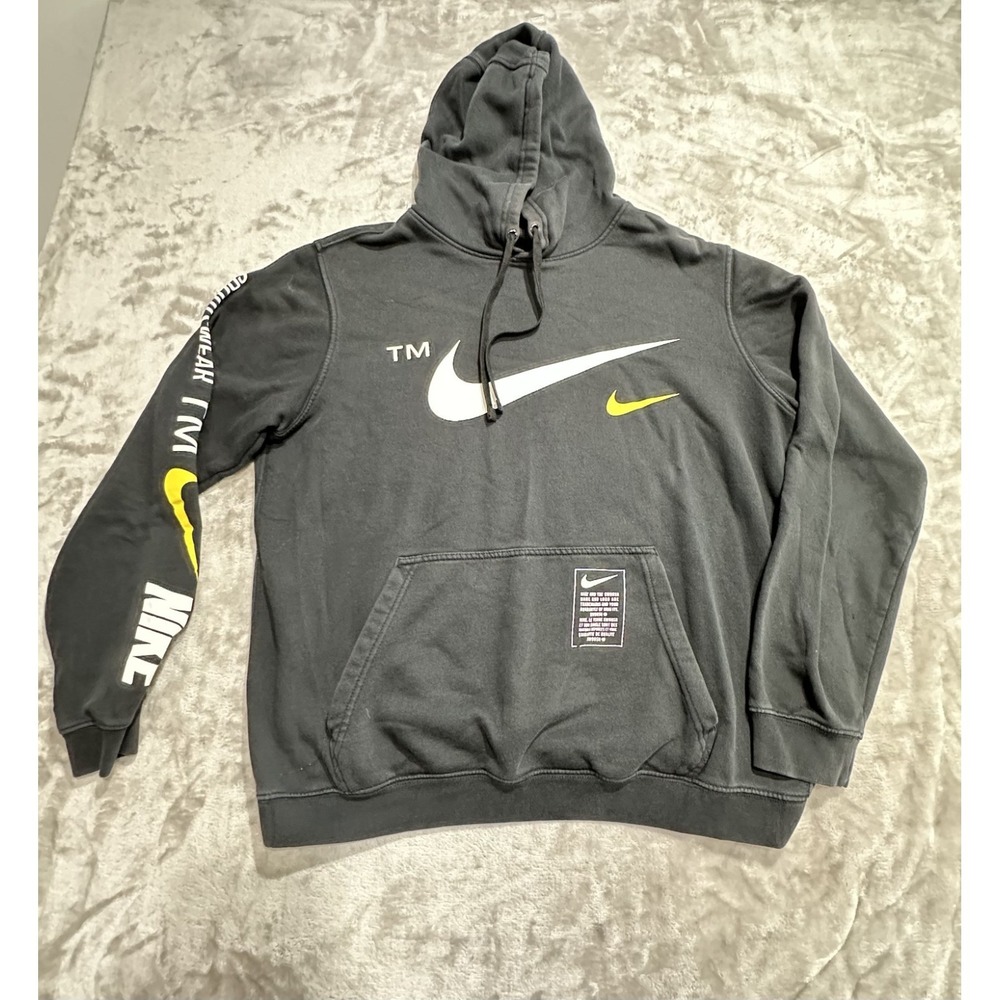 VINTAGE Nike Sportswear TM Hoodie Men's Black Spellout Swoosh Big Logo Soft Feel